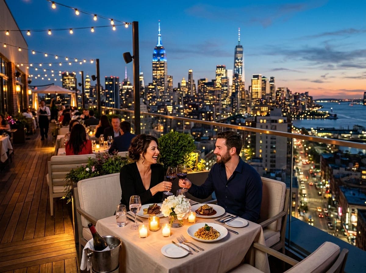 Guests celebrating over a rooftop dinner